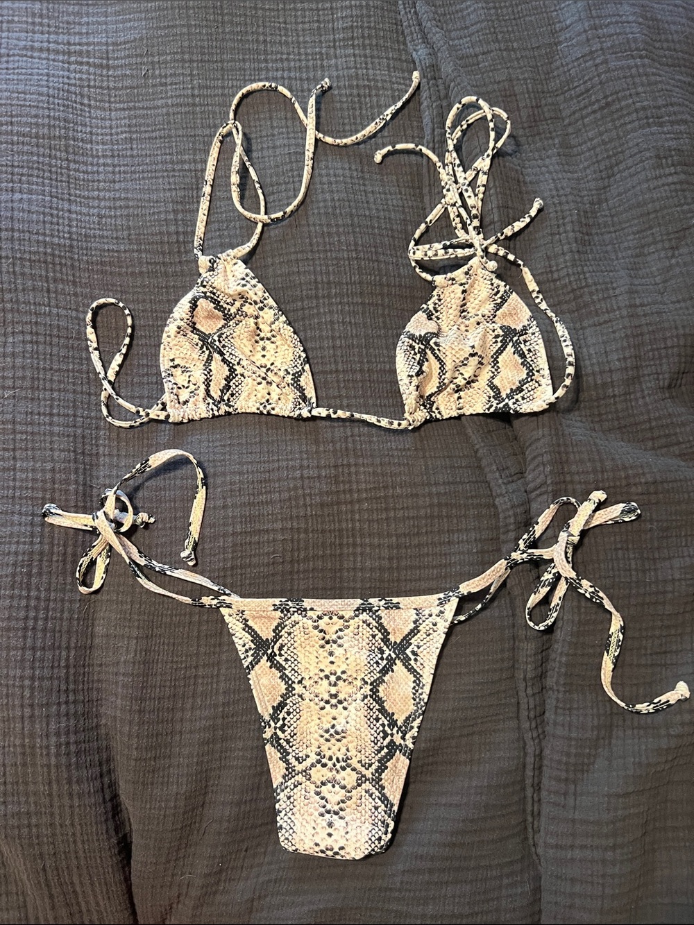 Snake-Print Tie-Side Bikini in Beige and Black